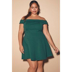 Lulu's Season of Fun Forest Green Off-the-Shoulder Skater Dress Plus Size 1XL